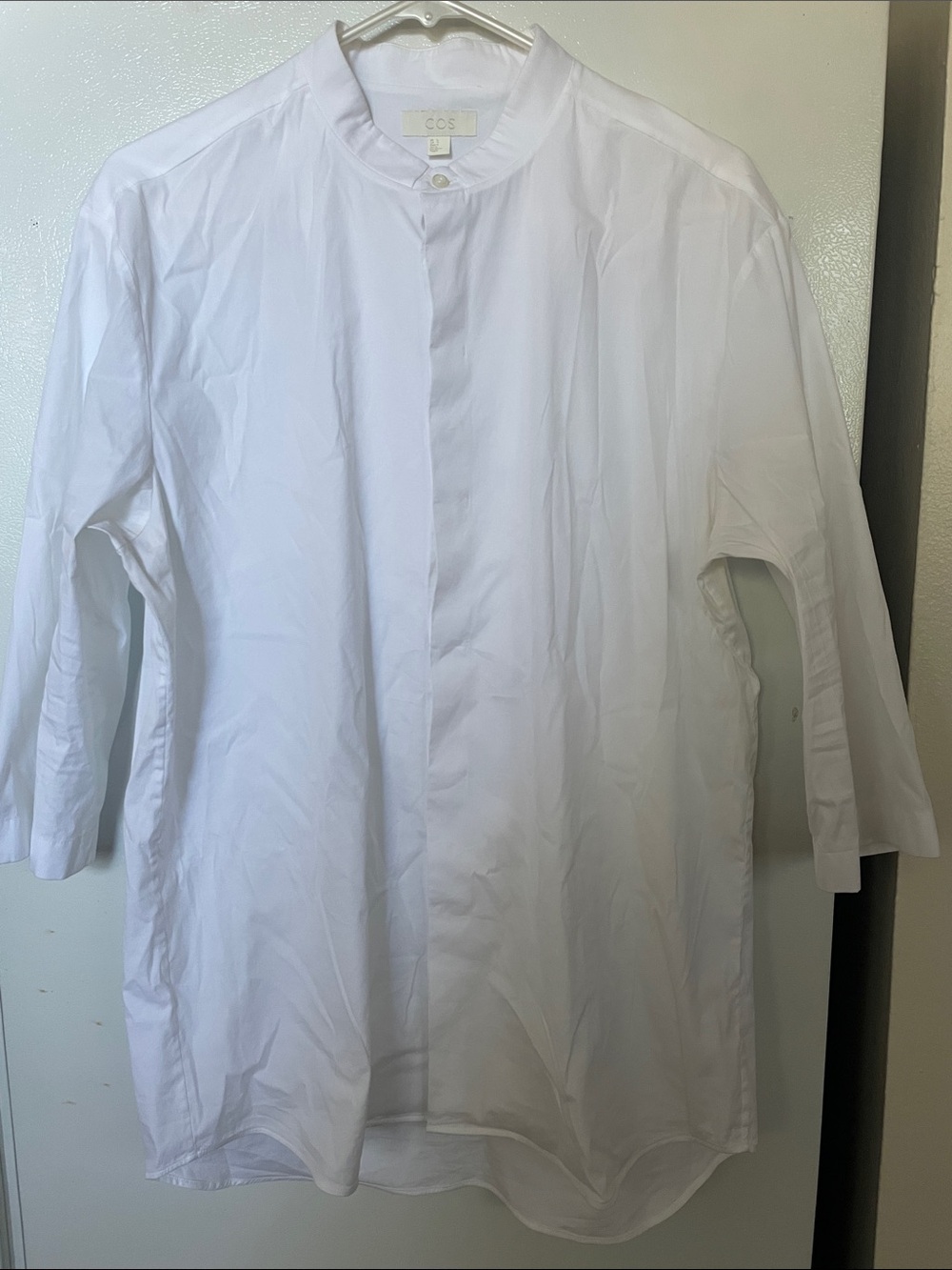 Cos Large Bright White Cotton Nylon High Neck 3/4 Sleeve Button Down Dressy Top